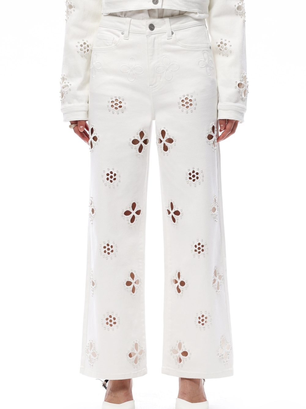 Bayeas White Eyelet Cutout Straight-Leg Jeans